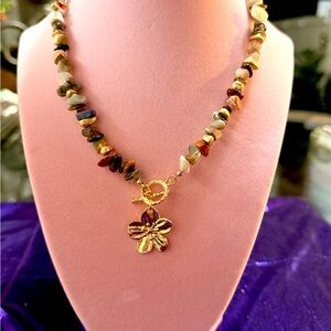 Gold Flower Pendant Necklace with Multicolor Stones